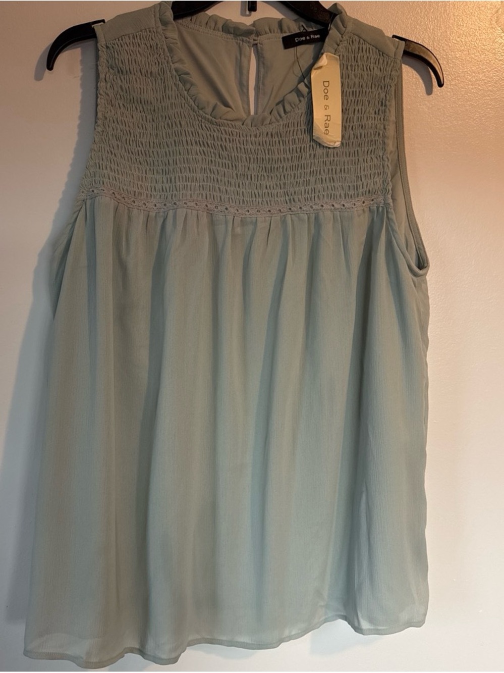 Doe & Rae Sleeveless Smocked Yoke Tank Top in Sage Green